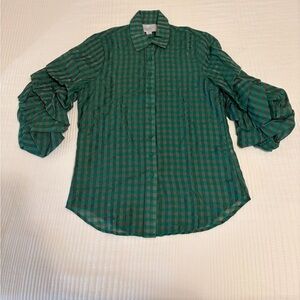 The Shirt by Rochelle Behrens Green Black Metallic silver thread top small EUC